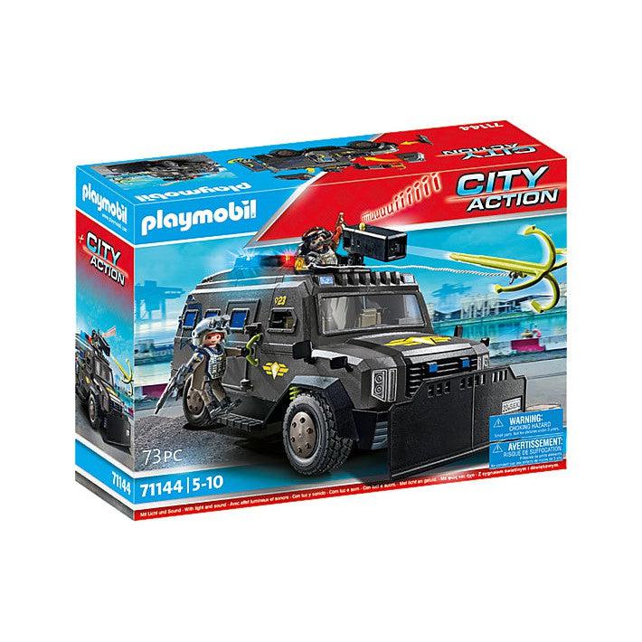 image shows the box for the tactical police unit playmobil. its a black van with a blaster located on the top.