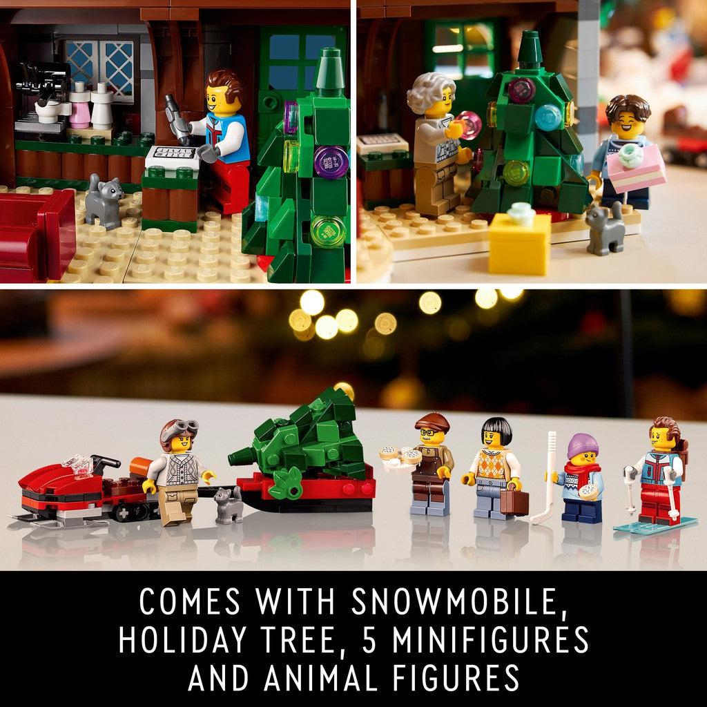 comes with snowmobilie, holiday tree, 5 minifigures and animal figures