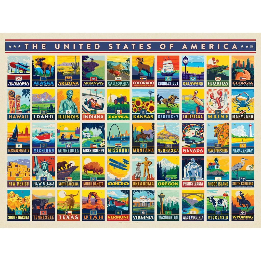 Image of the finished puzzle. It is a picture of posters for each of the 50 states of America. Each poster has the name of the state on the bottom and a picture of an object that represents the state.