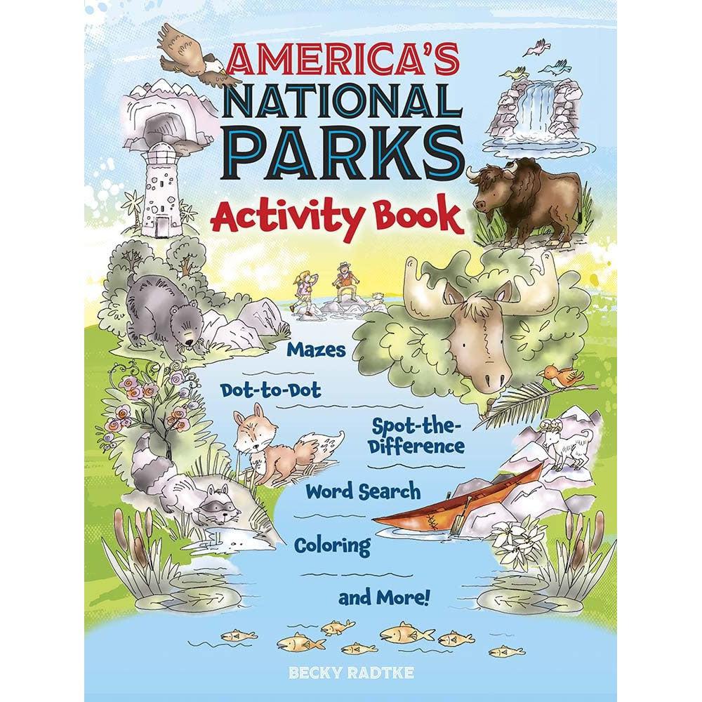 image shows a National partks activity book. the river in the middle of the book has words reading "Mazes, dod-todot, spot-the-difference, word search, coloring and more!" there are animals along the bank of the river like a racoon and a moose