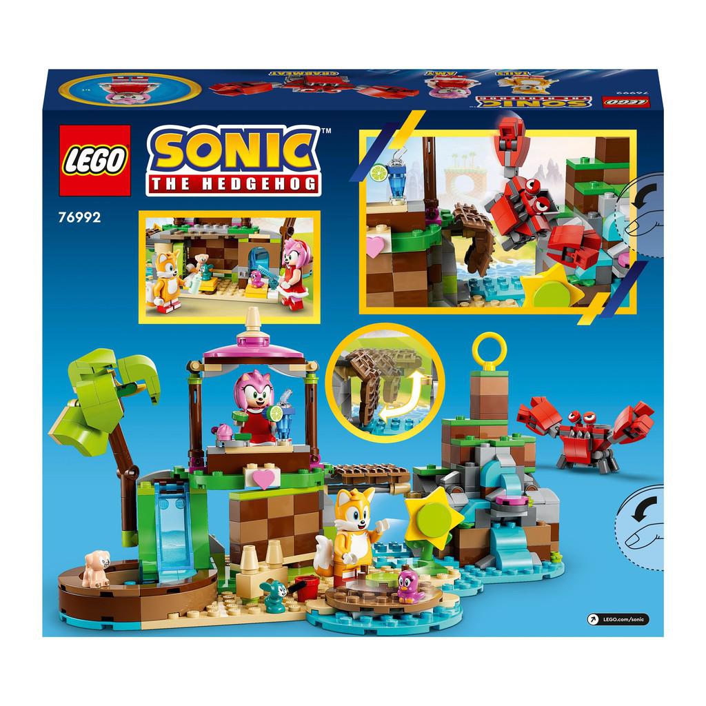 image shows the back of the box for the LEGO Sonic the Hedgehod Amy's Rescue island. the back shows the island, crab, amy and tails. 
