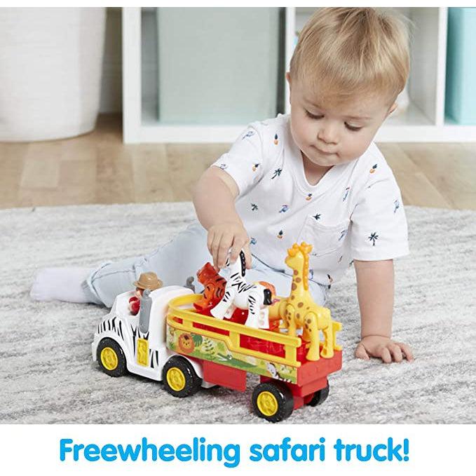 Image of the truck and animals outside of the packaging. The truck is white in the front with stripes like a zebra with the back being red with a yellow railing. There is one seat in the front for the Safari expert to drive the truck and there are 4 specific seats in the back for each of the animals.