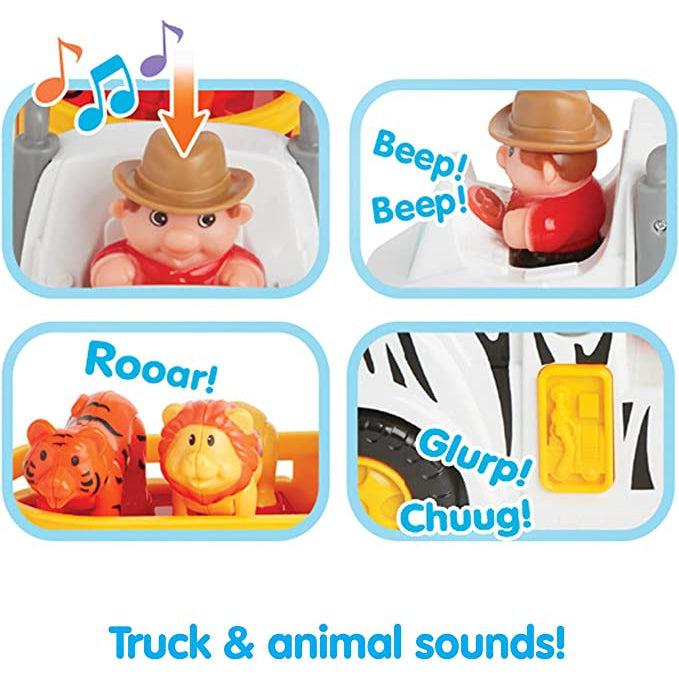 Shows that pressing down on certain buttons of the truck create different noises like a horn honking, animal sounds, and music.