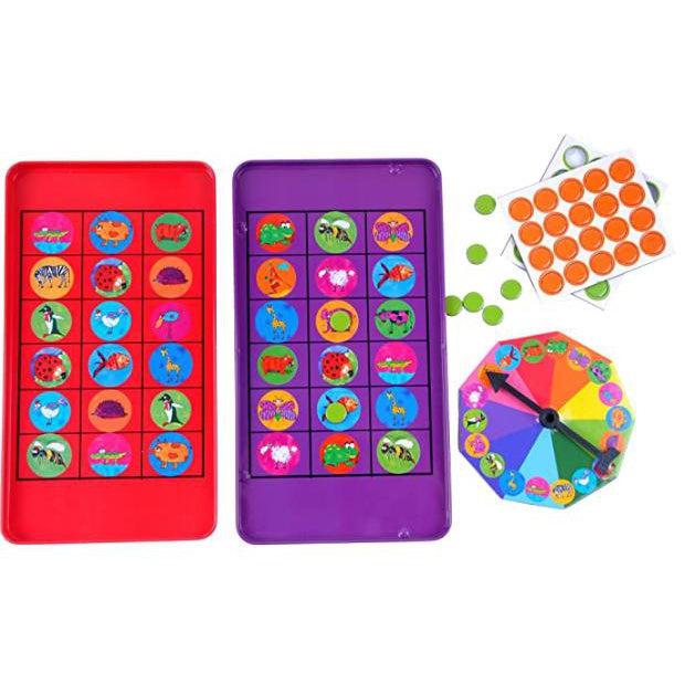 Image of the open game tin. Each side of the tin has a bingo board on it. The game comes with a rainbow spinner with pictures of animals on the outside and different colored bingo markers.