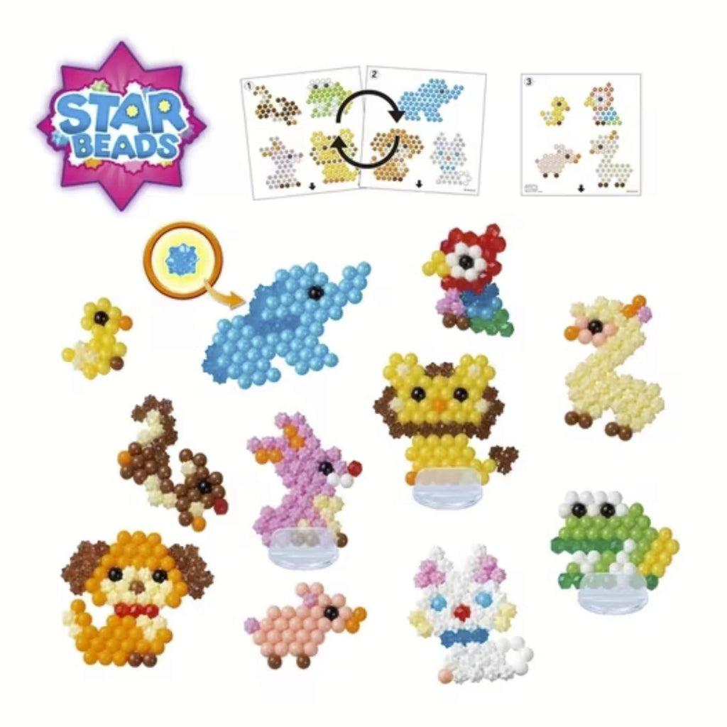 Image of some of the possible animal creations you can make with the aquabeads kit. Some examples include a lion, a frog, and a bunny.