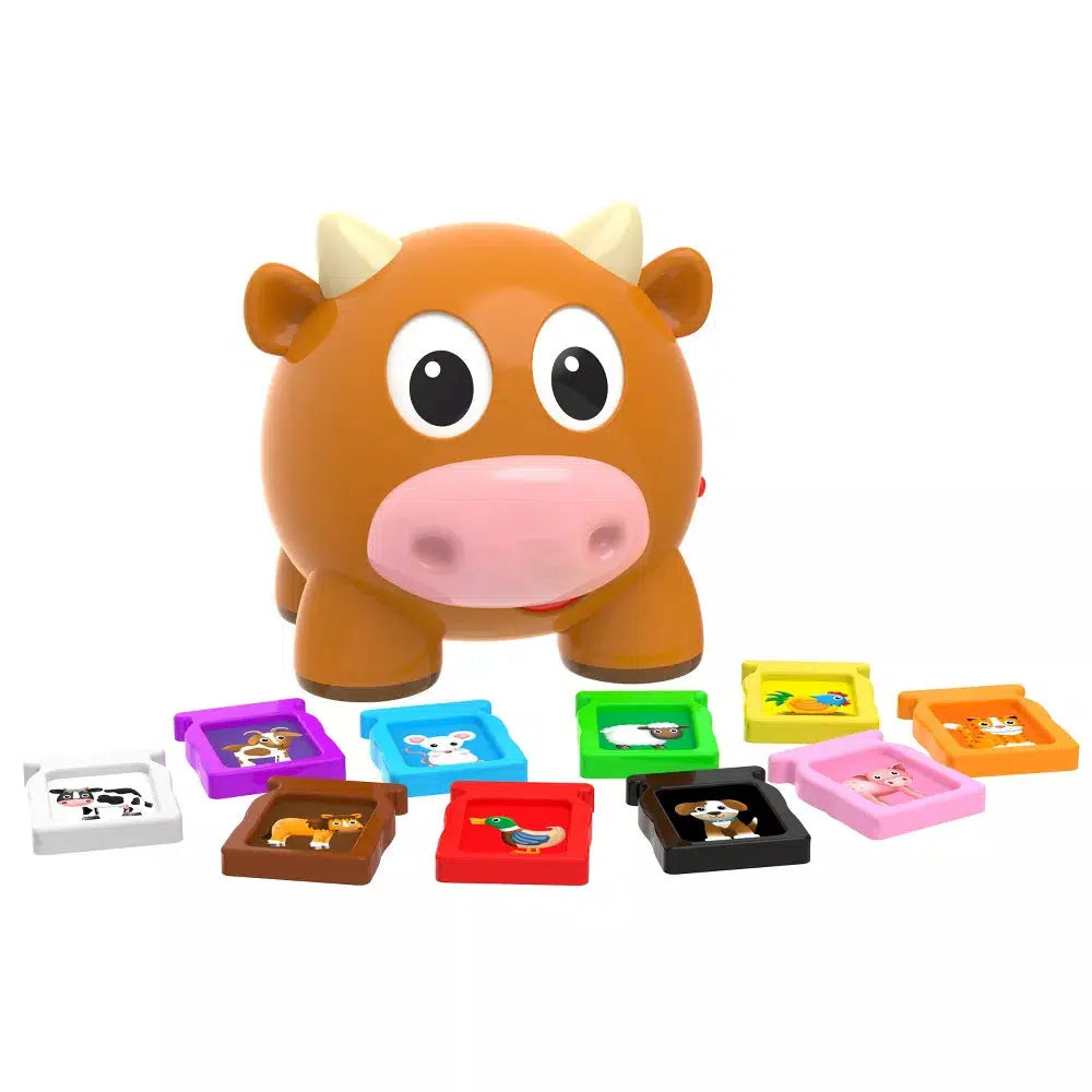 this image shows the cow in the back, with all the cards from dog, ,to mouse to duck and cow. 