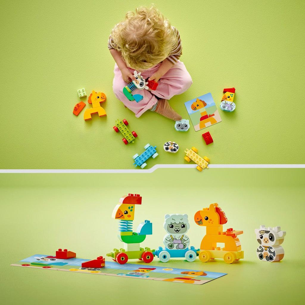 image shows a child playing with the LEGO DUPLO animal train