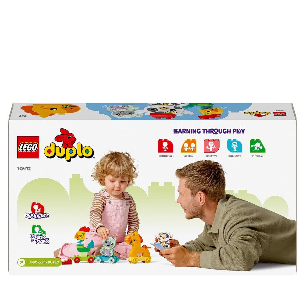 the back of the box shows the ways that DUPLO helps a child play and learn