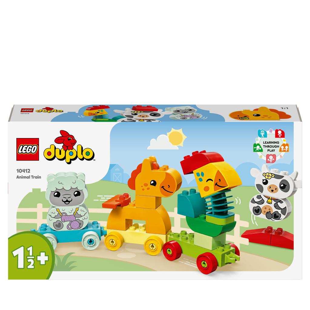 the LEGO duplo animal train shows a hose, sheep, cow and rooster