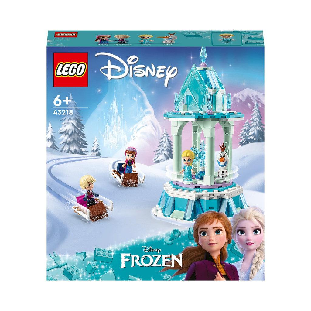 image shows The box for LEGO Disney Frozen, Anna and Elsa's Magical Carousel. Anna is sledding while Else is hanging out with Olaf.