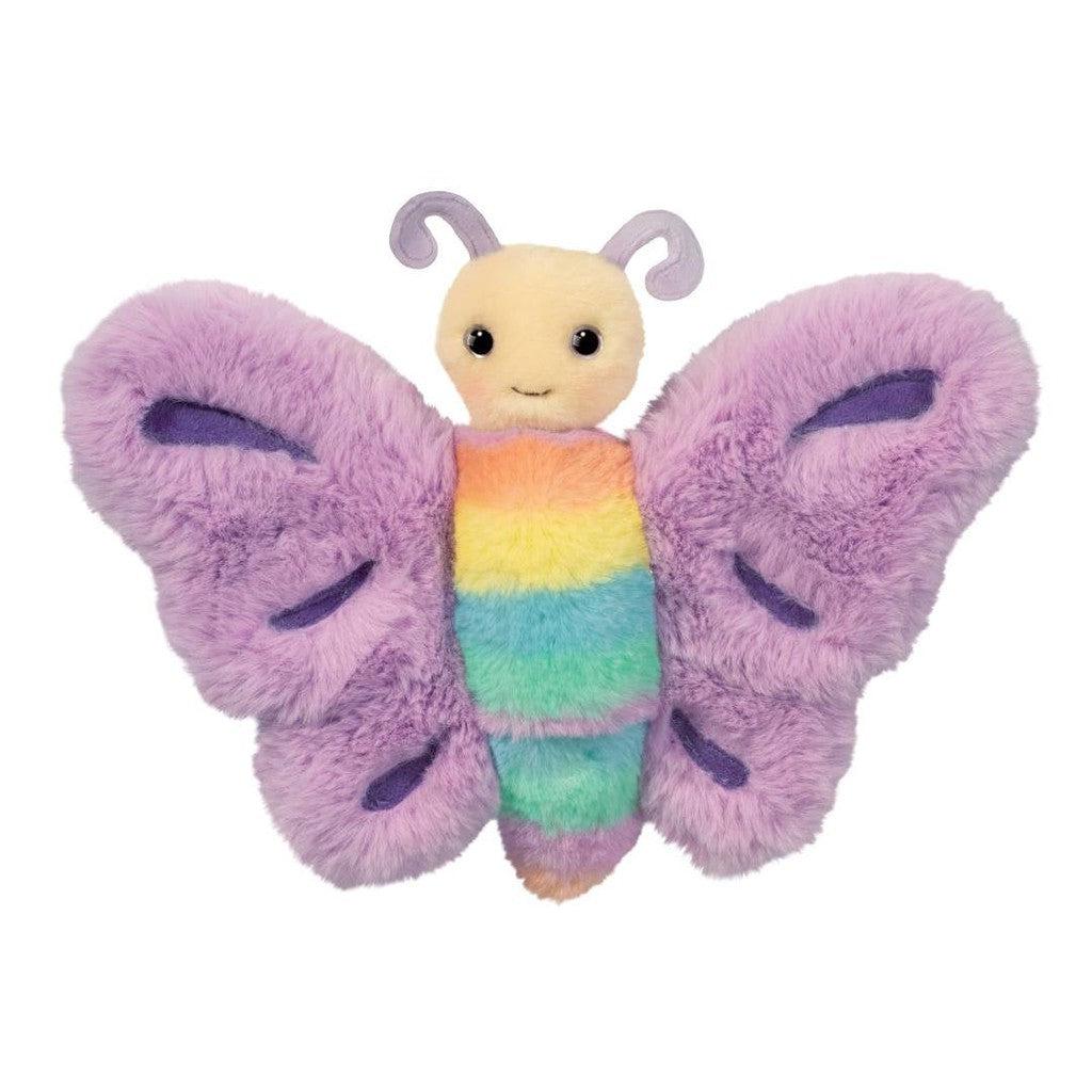 this image shows a plush butterfly with purple wings and a rainbow body!