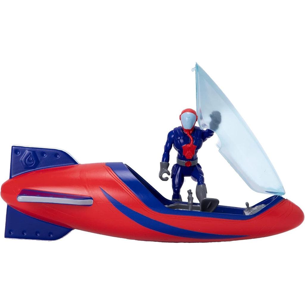 diving toy shown out of the packing with the clear cockpit cover open and the diver figure "stepping" into it. This one is the red version where the base color is red but there are still blue highlights and fins
