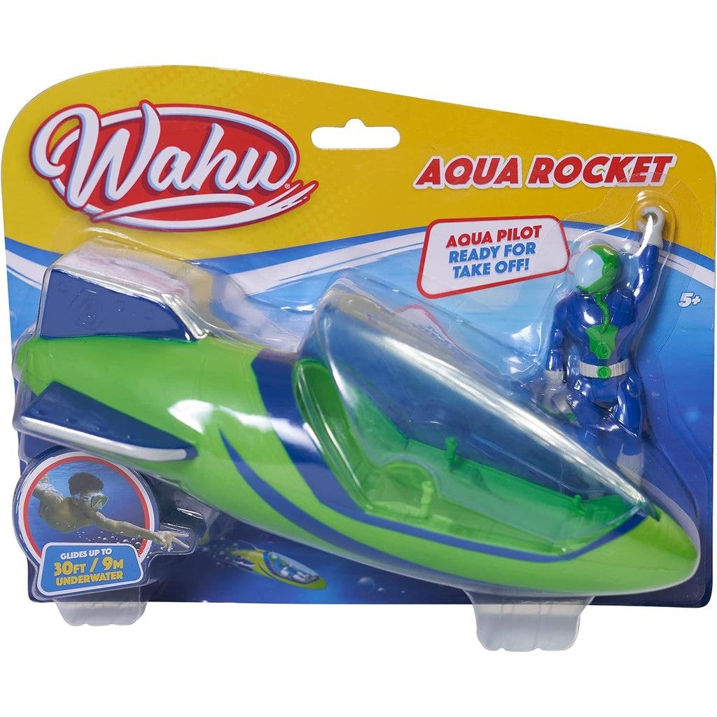 A rocket shaped diving toy made of green plastic with blue highlights and fins. There's a clear plastic piece on the front with a hinge to allow placement or removal of the diver figure inside it