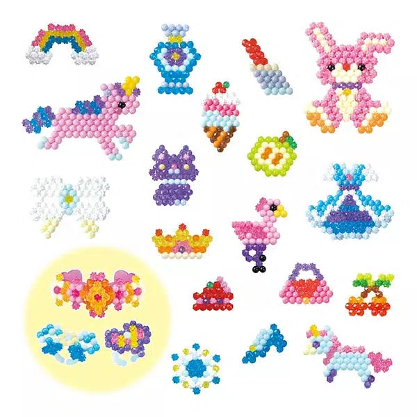 Shows images of possible finished creations. Possibilites include making animals such as unicorns, bunnies, and cats, or making jewelry and purses.