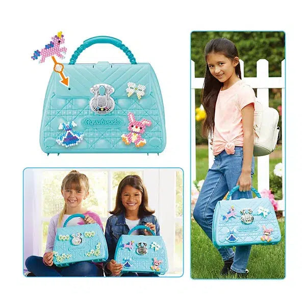 Shows that you can attach your projects to the outside of the carrying case to decorate it. Also shows images of girls smiling and holding their aquabeads case.