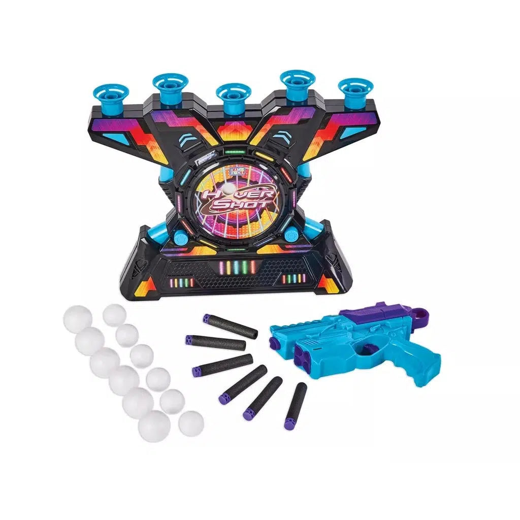 This picture shows a breakdown of the game, showing the stand, blaster, and darts along with  6 large and 6 small balls to aim at