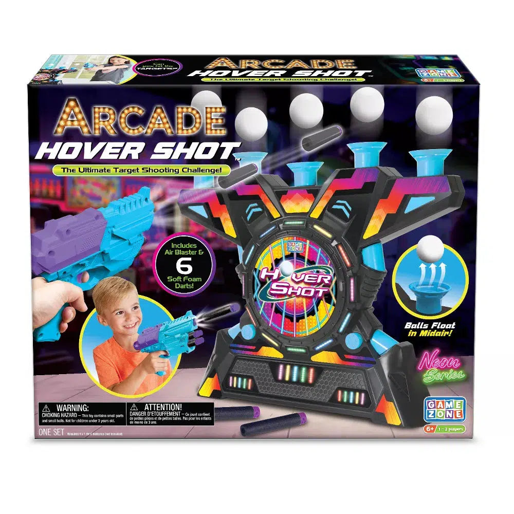 Box of the Arcade Hover Shot. A blaster is pointet at a ball floating on a stream of air as a foam dart soars to hit the moving target. 