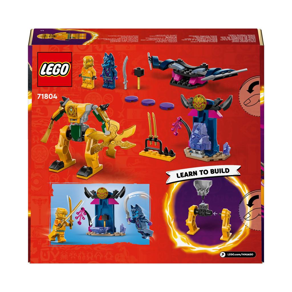 the back of the box shows many LEGO accessories in the box with the mech