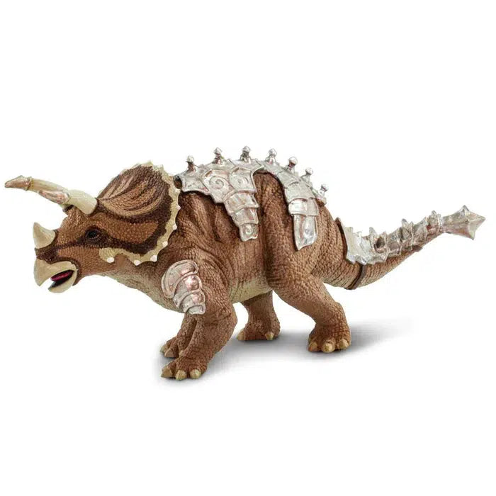 Image of the Armored Triceratops figurine. It is a brown dinosaur with iron looking armor on its back, tail, and arms.