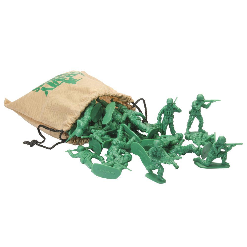 image shows the classic green toy army soldiers and a bag to keep them inside
