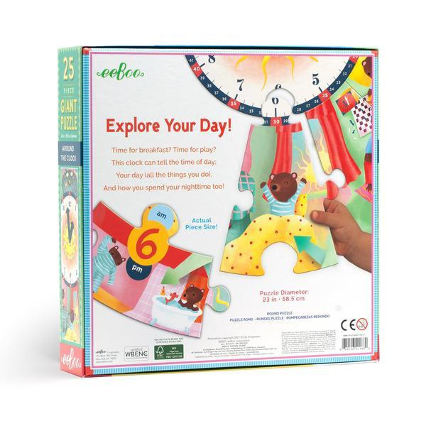 the back of the box says "Explore your day! Time for breakfast? Time for play? This clock can tell the time of day. your day (all the things you do) and how you spend the nighttime too!