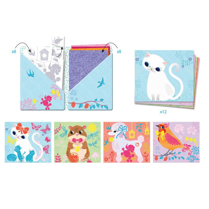 Shows all the pieces to make the craft. It comes with the sticky stencils, felt, and the different animal pictures.