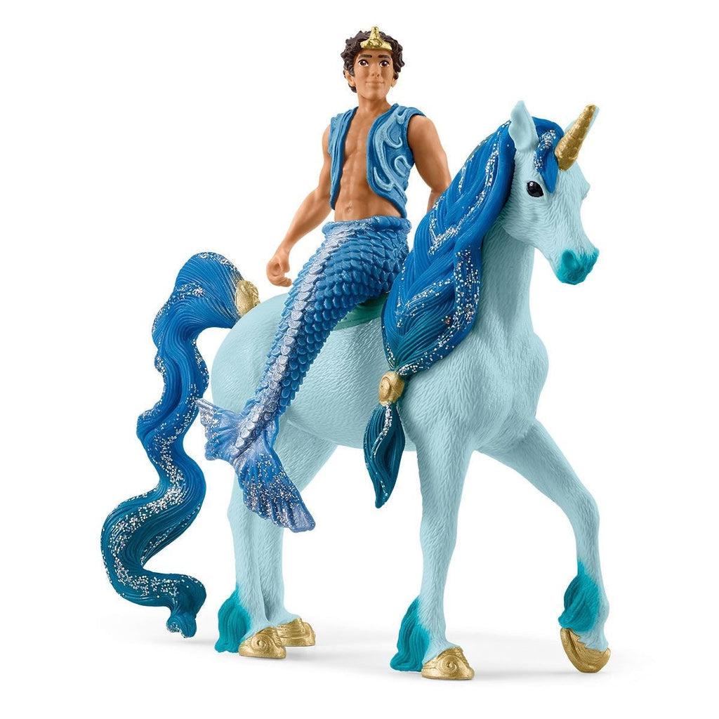 Image of the Aryon on Unicorn figurine set. It is a tan brunette merman on the back of a blue unicorn.