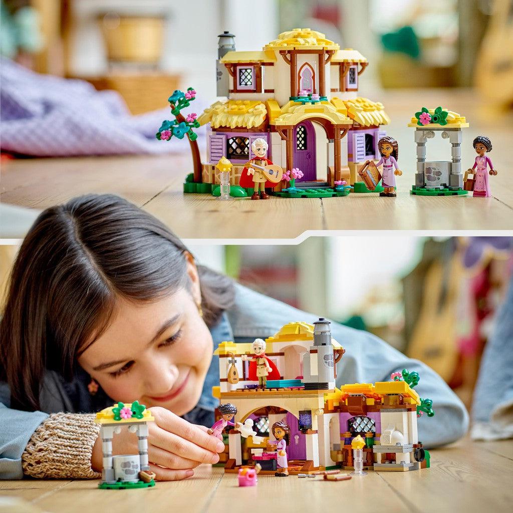 image shows a girl building and playing with the LEGO cottage set