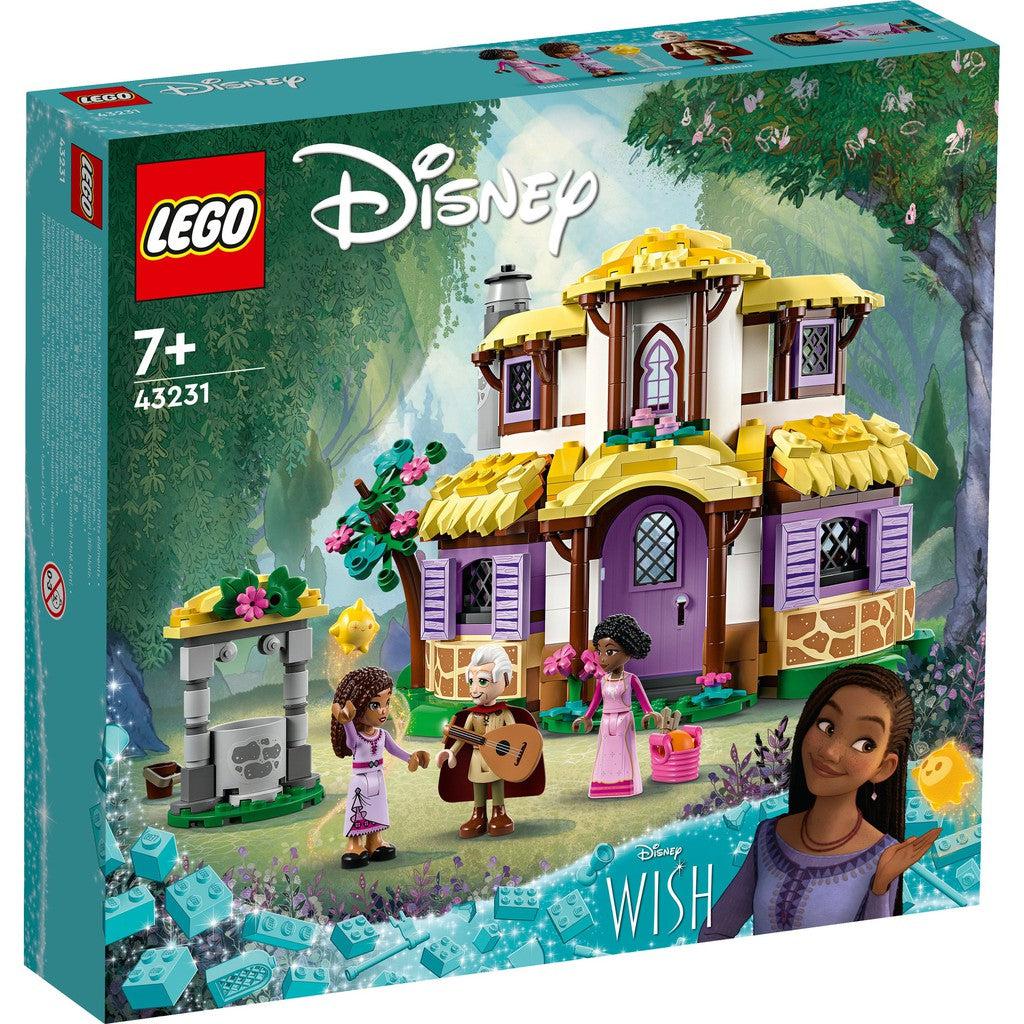 image shows the cover of the box for LEGO Disney Asha's Cottage. There is a  LEGO Asha with a man holding a lute and her mom