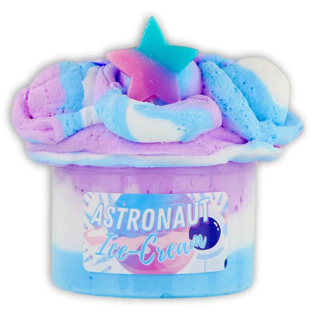 Image of the open Astronaut Ice Cream slime. It is a tri-colored fluffy slime (purple, white, and blue). It comes with a pink, purple, and blue star charm.