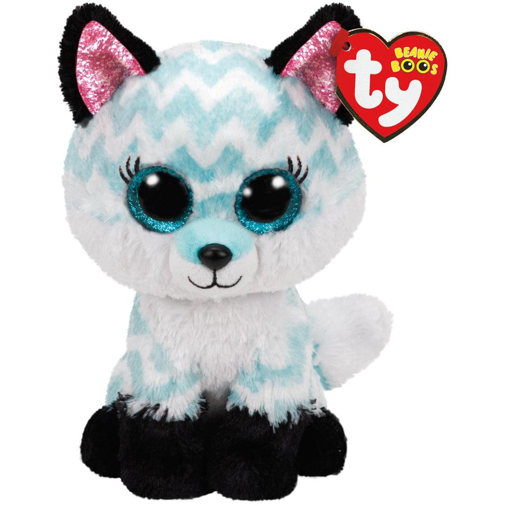 Image of the Atlas the Fox plush. It is a fox with light blue and white zig zag pattern on the fur. She has black paws and ears with a pink sparkly inside.