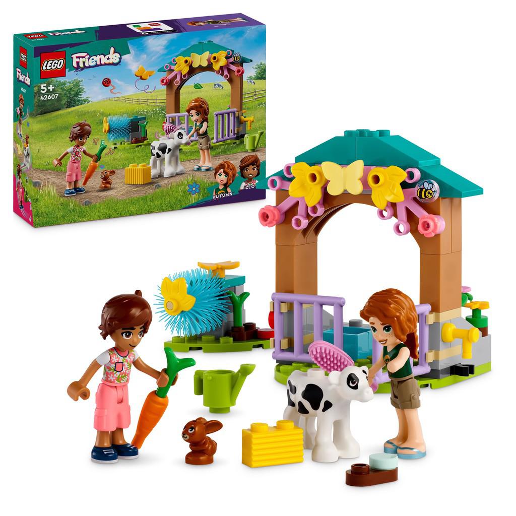 autumns baby cow shed shows LEGO Friends characters tending to a baby cow and bunny with a floral shed