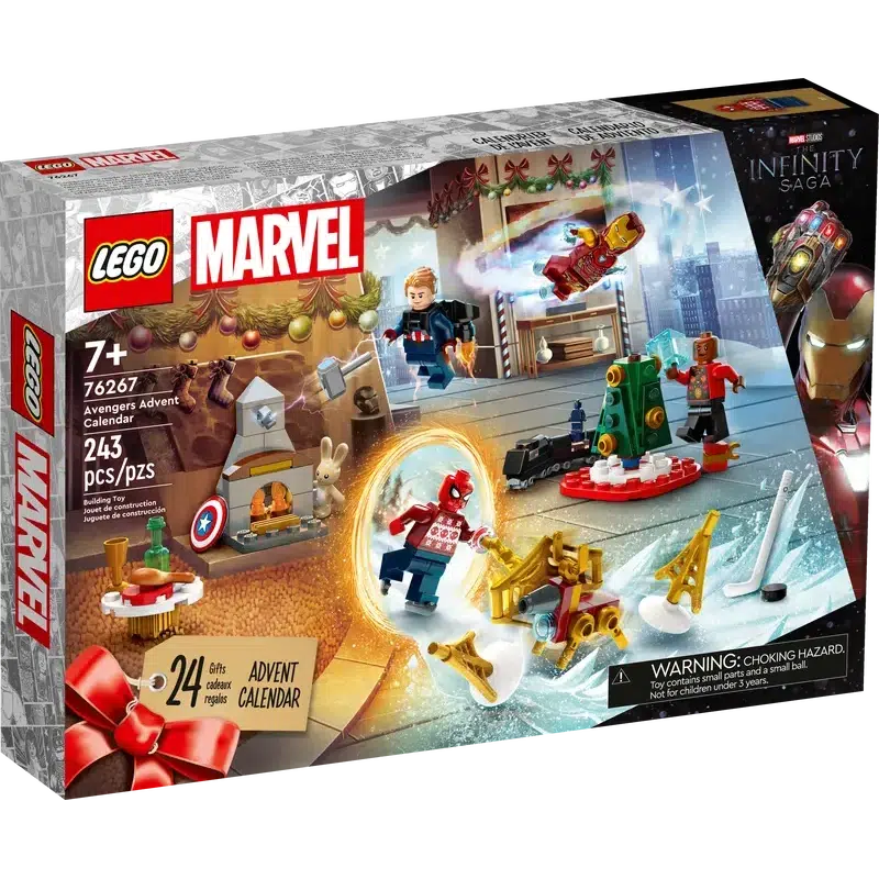 A lego advent calendar box. The front shows spiderman ice-skating through a sling-ring portal, captain america on a jetpack, iron man flying, and other items from inside the advent calendar