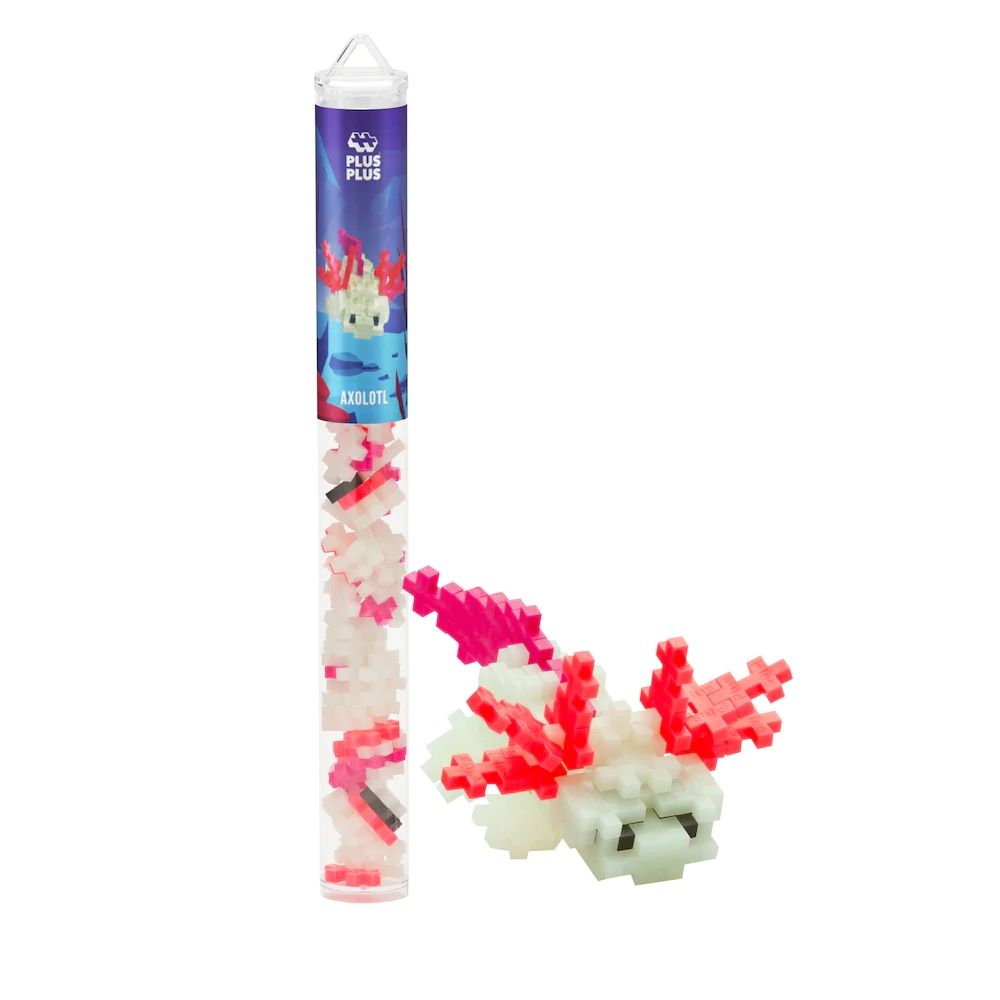 this imag shows a tube of blocks that when connecred together make an adorable axolotl. the colors are white, orange and pink