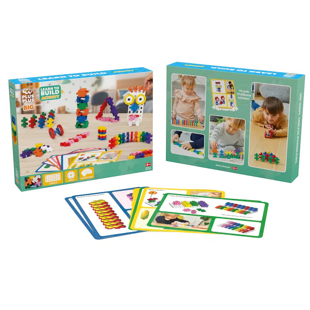 this image shows the front and back of the box, children building and playing with blocks.  mats that have building instructions are in the center of the picture 