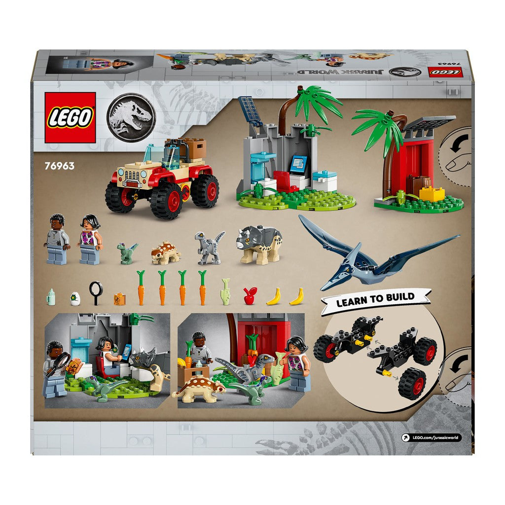 the back of the box shows two Minifigures and several accessories to the dinosaur habitat. learn to build with LEGO