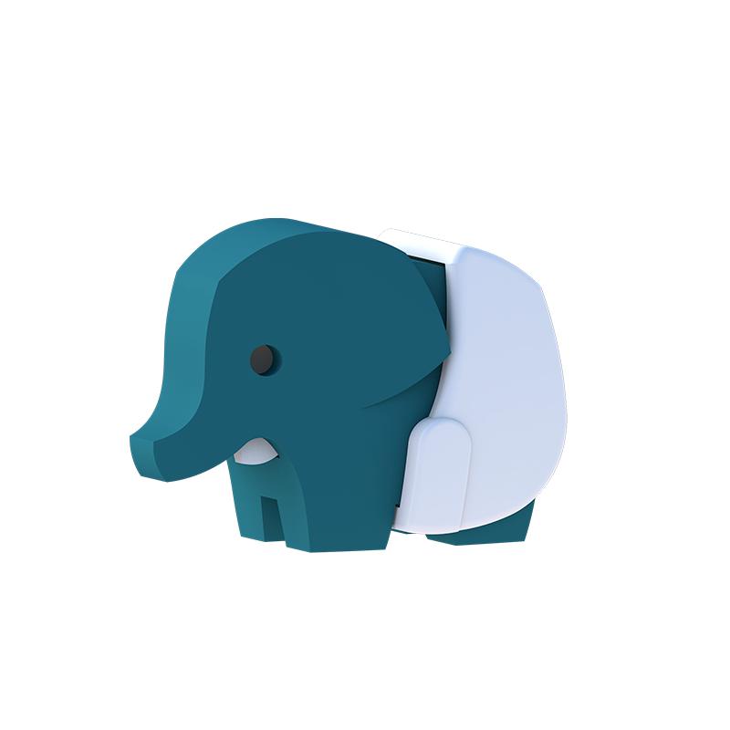 Image of the baby elephant figurine. It is a dark blue geometric elephant wearing a white diaper. It has tiny white tusks.