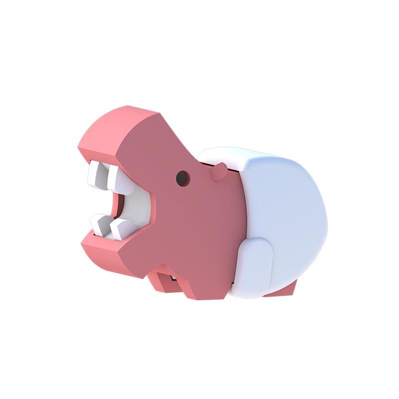 Image of the figurine outside of the packaging. It is a pink hippo with its mouth open revealing four square white teeth. It is also wearing a diaper.