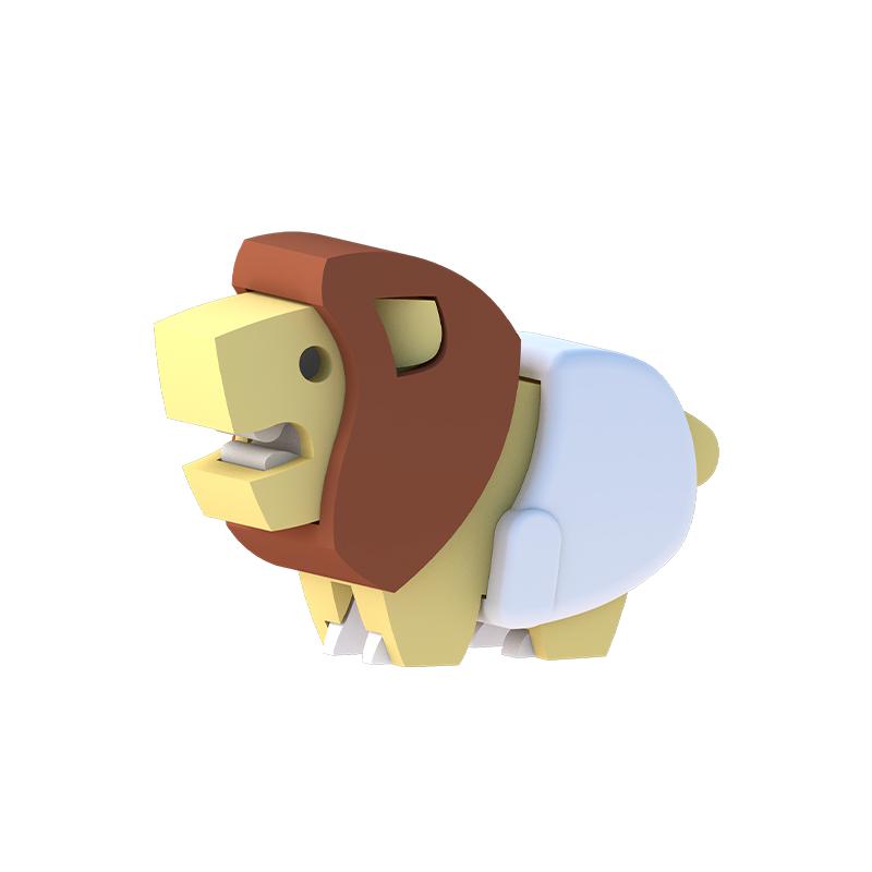 Image of the baby lion figurine. It is light yellow with a red-brown geometric mane. It is wearing a white diaper.