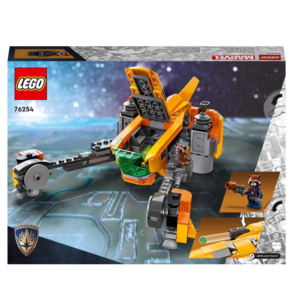 back of the box shows the exposed cockpit and the adult rocket minifigure