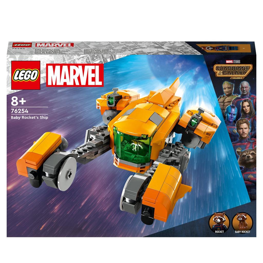 LEGO marvel Baby Rocket's Ship from Guardians of the Galaxy. a orange ship made by baby Rocket