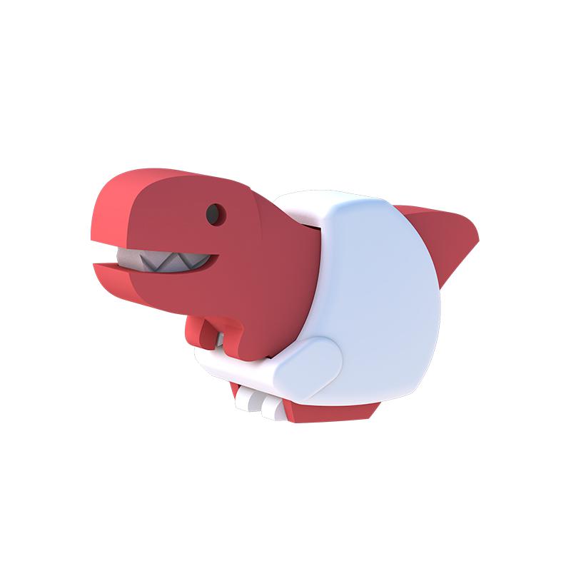 Image of the baby t-rex figurine outside of the packaging. It is a dusty red geometric t-rex wearing a white diaper. Its mouth is open so you can see its sharp teeth inside.