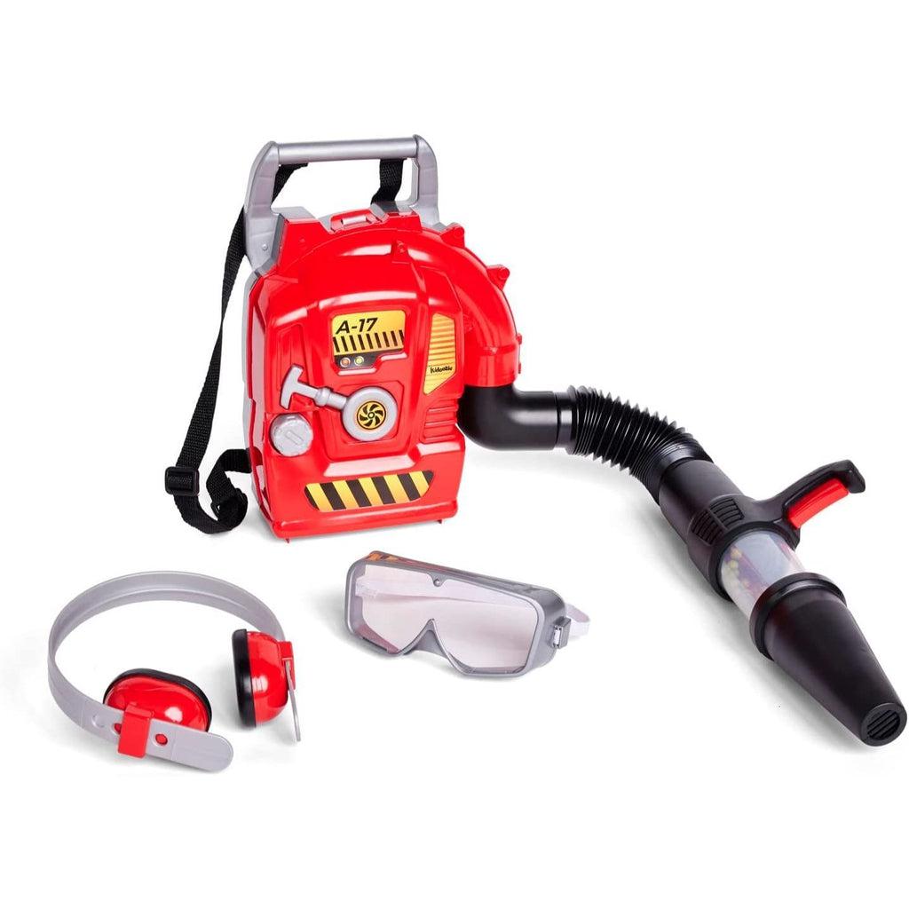 Picture of the leaf blower, goggles and earmuffs for play protection while simulating using a leafblower.