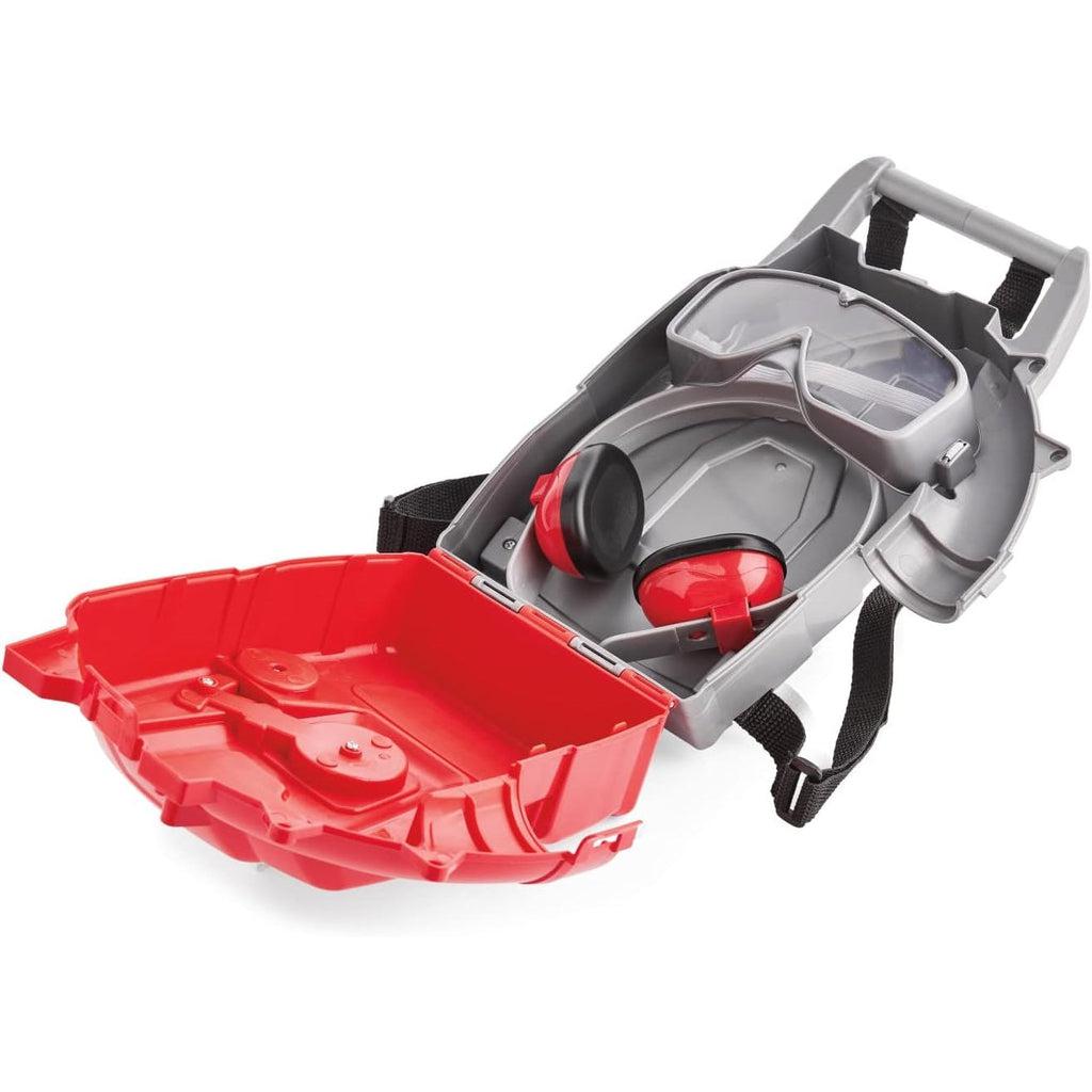Image close up of the leaf blower case opening up for storage for the goggles and earmuffs, along with anything else the child wishes to add in there. 