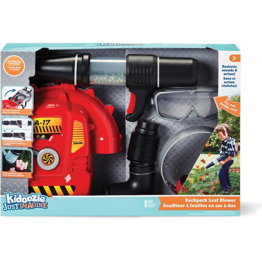 Picture shows the box the Kidoozie leaf blower comes in. Captions read "Realistic sounds and action!"  and "Store your accessories" with a small picture of the leaf blower case opening up to show storage. another caption reads "Hose extends as you grow" and "Simulated blowing action" with pictures of the adjustable hose and the balls that get blown around in a plastic tube to show the blower is on.