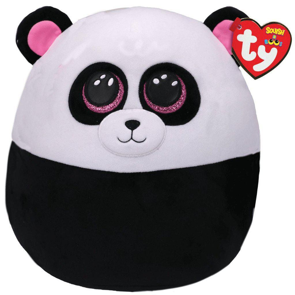 Image of the Bamboo the Panda Squish-A-Boo plush. It is a half white, half black panda plush with pink ears and pink glittery eyes.