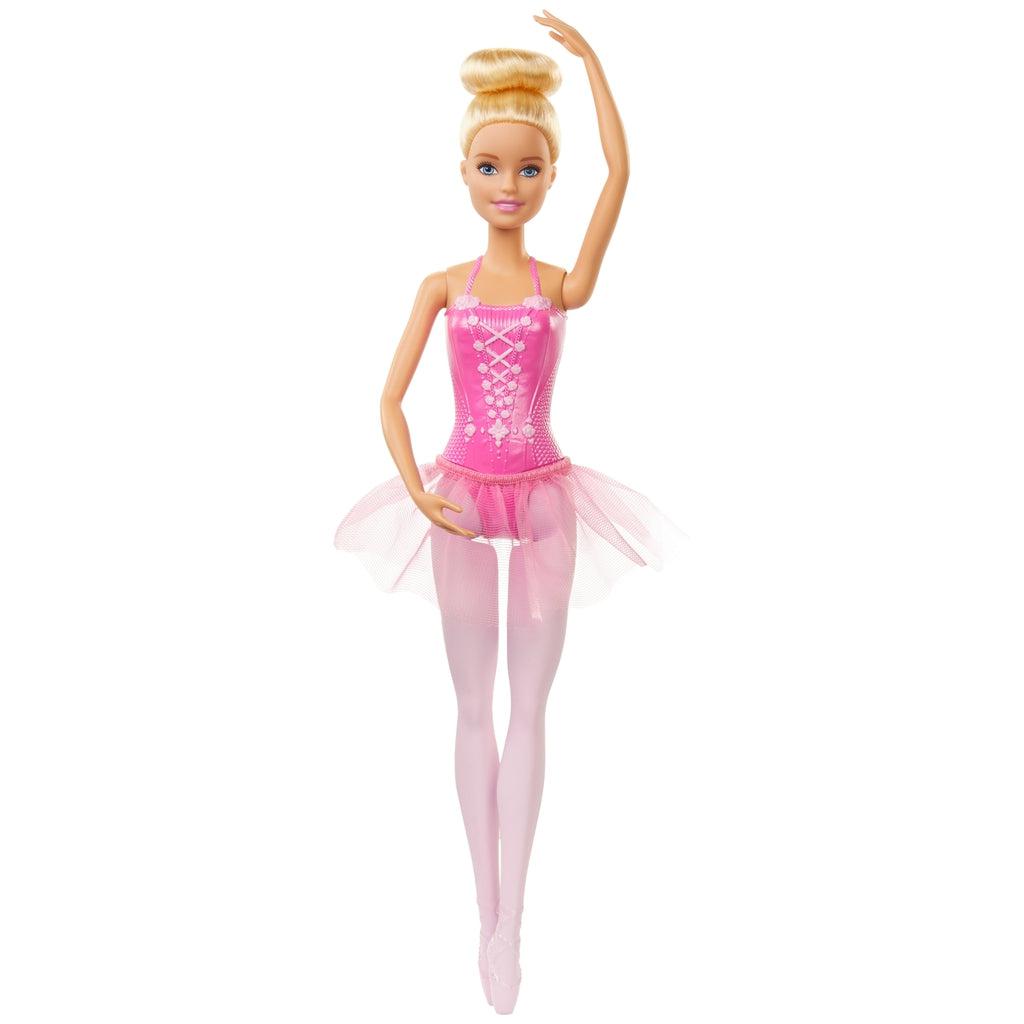 Image of the Barbie outside of the packaging. She has her hair into a high ballerina bun and is wearing a pink leotard with pink tights and a small tutu.'
