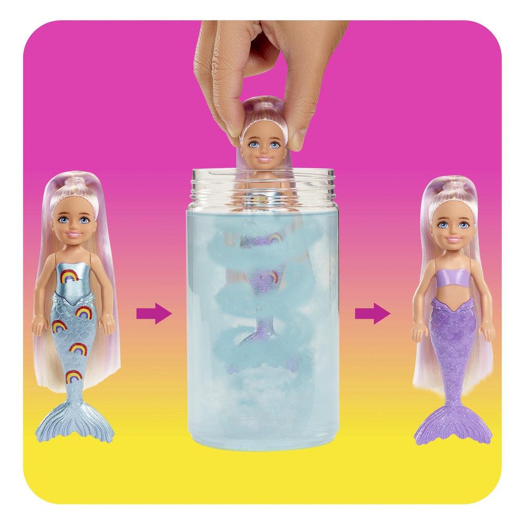 Shows how to reveal which mermaid was in the package. By putting the doll in water, it reveals the color of the mermaid.
