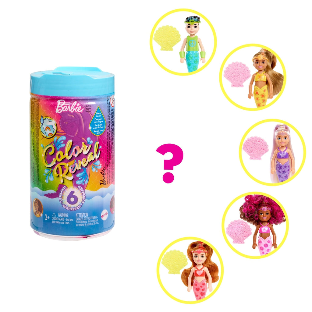Image of the packaging for the Barbie - Chelsea Color Reveal Mermaid Surprise Box. To the side is a picture of all 5 different possible mermaids. Each is based on a different color (blue/gree, orange/yellow, purple, pink, and red).