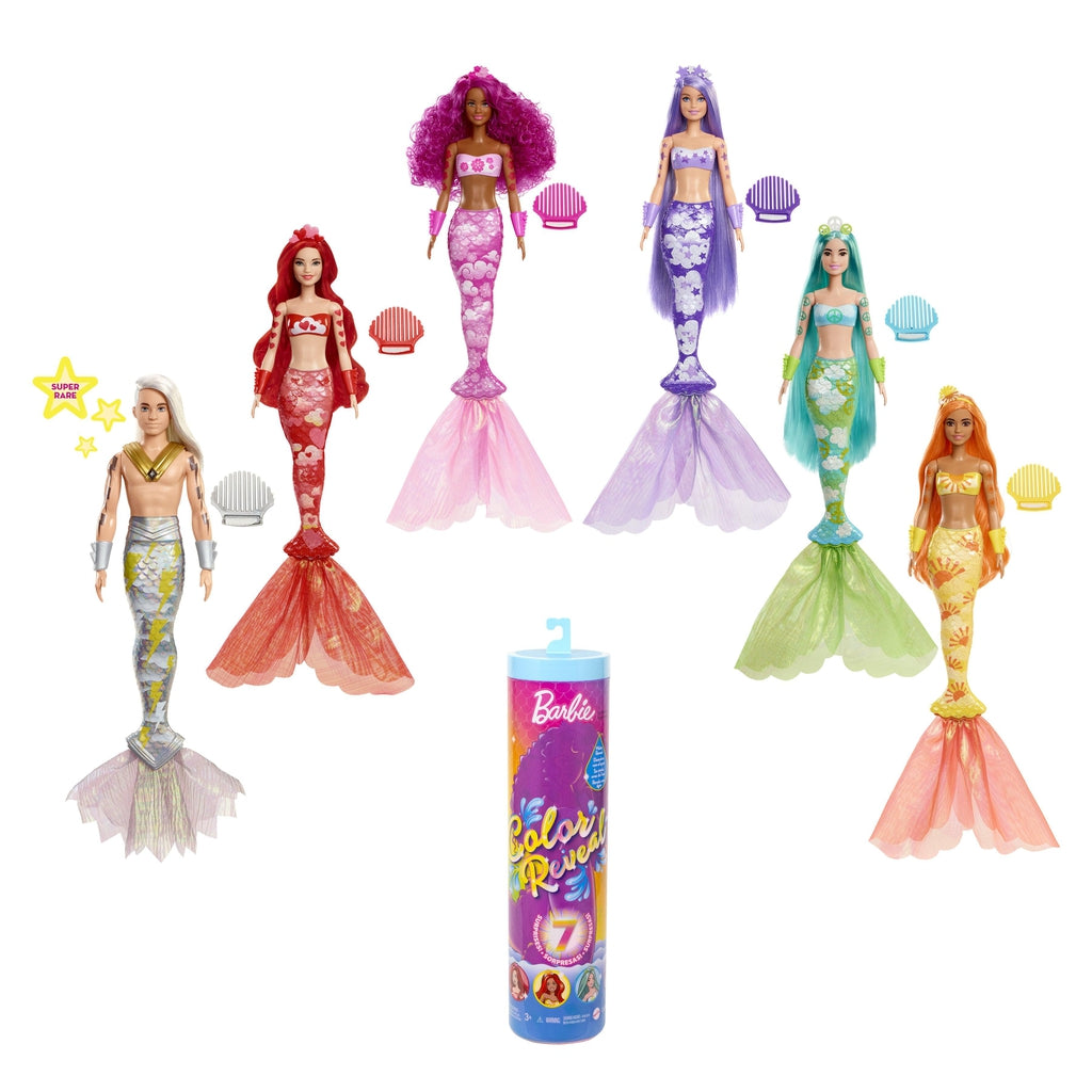 Image of all six different possible mermaids. They are each based on a different color (silver, red, pink, indigo, teal, and orange).